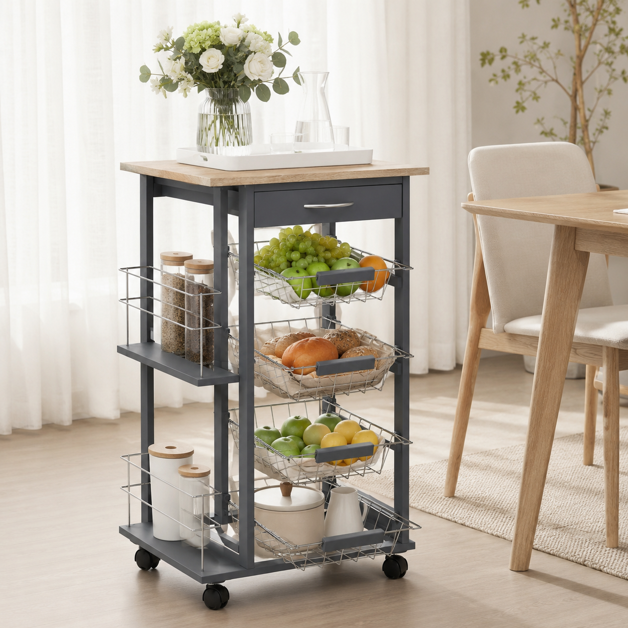Kitchen Storage Cart 4-Basket Drawer & Side Racks – MDF & Pine Wood, Grey, 47 × 37 × 83 cm
