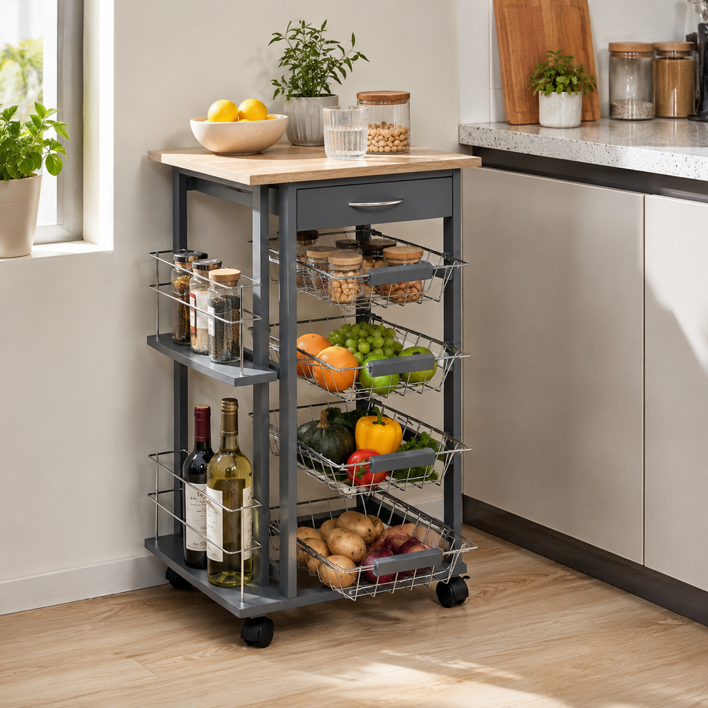 Kitchen Storage Cart 4-Basket Drawer & Side Racks – MDF & Pine Wood, Grey, 47 × 37 × 83 cm