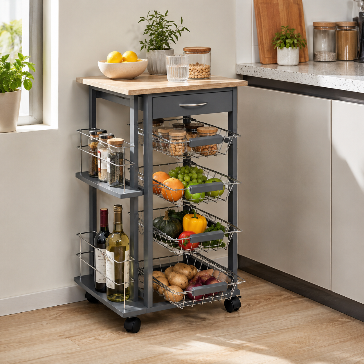 Kitchen Storage Cart 4-Basket Drawer & Side Racks – MDF & Pine Wood, Grey, 47 × 37 × 83 cm