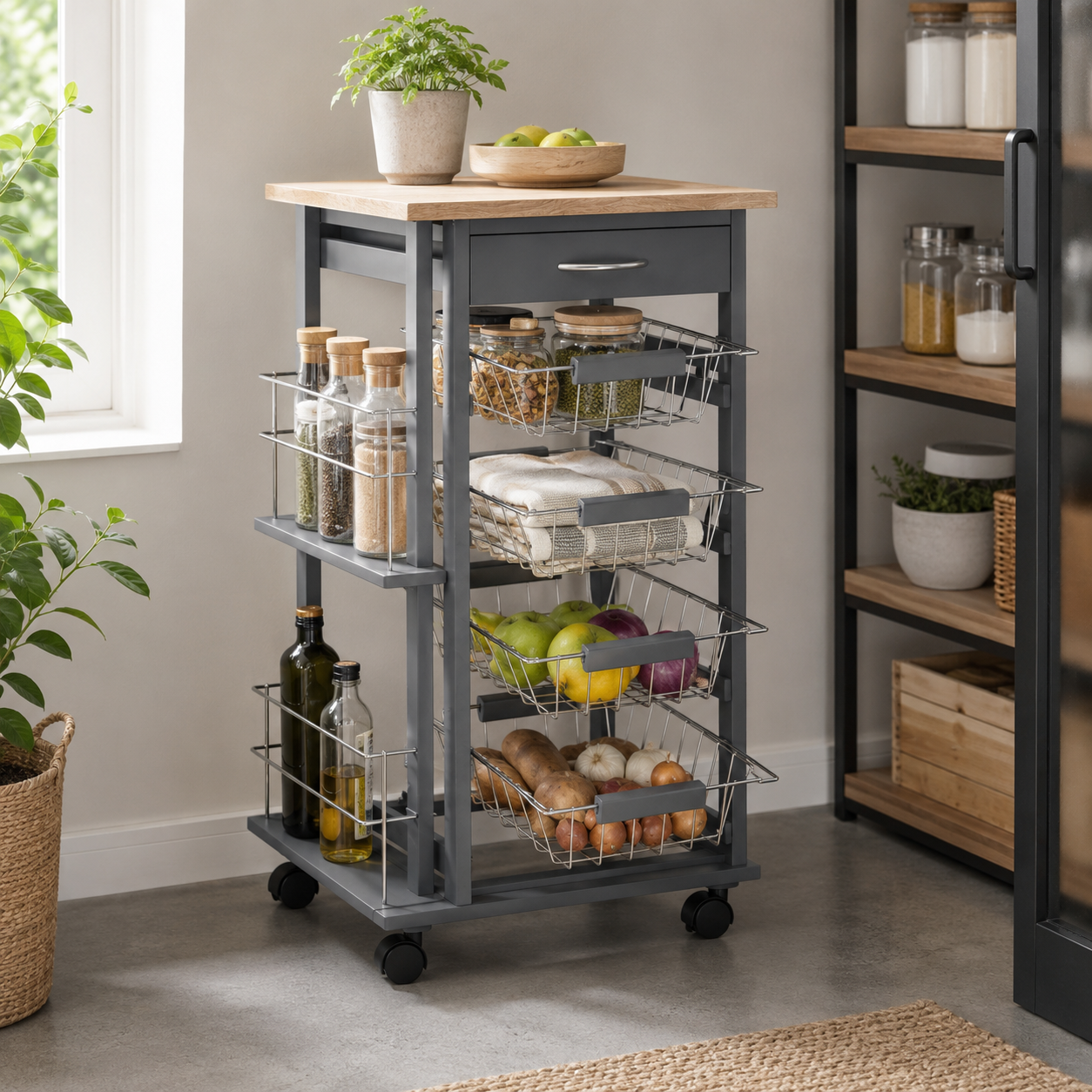 Kitchen Storage Cart 4-Basket Drawer & Side Racks – MDF & Pine Wood, Grey, 47 × 37 × 83 cm