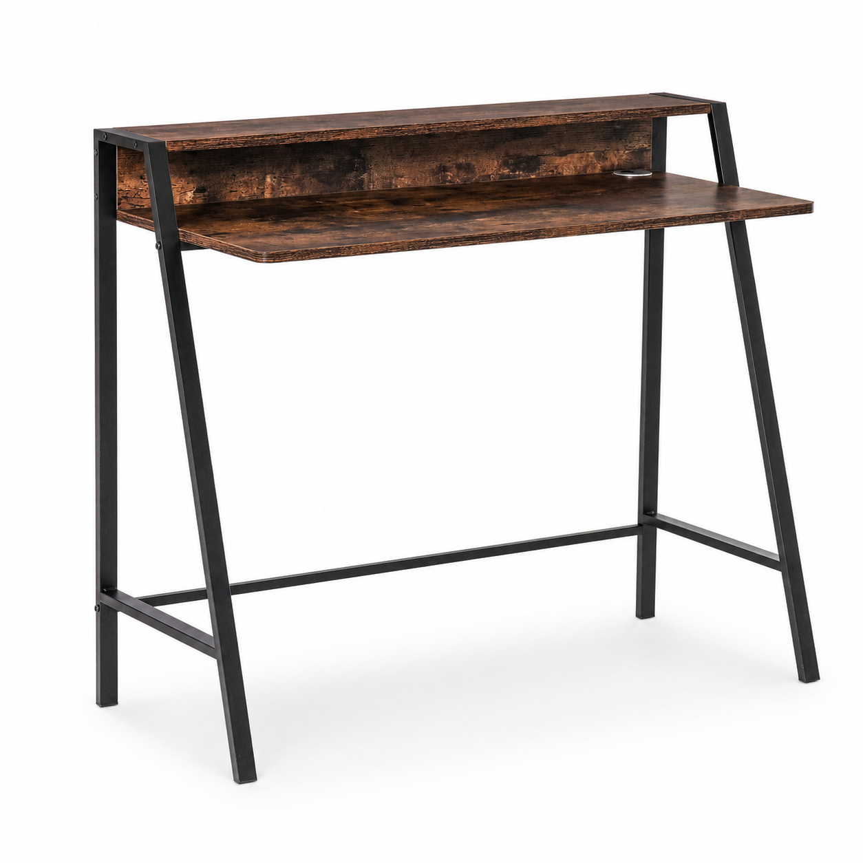 Writing Desk 2-Tier with Rear Shelf – Engineered Wood & Metal, Rustic Brown, 100 × 45 × 85 cm