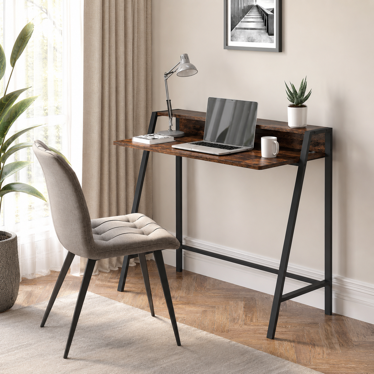 Writing Desk 2-Tier with Rear Shelf – Engineered Wood & Metal, Rustic Brown, 100 × 45 × 85 cm