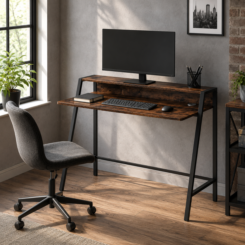 Writing Desk 2-Tier with Rear Shelf – Engineered Wood & Metal, Rustic Brown, 100 × 45 × 85 cm