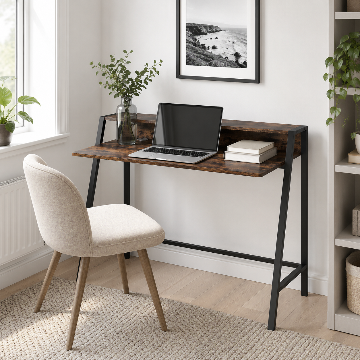 Writing Desk 2-Tier with Rear Shelf – Engineered Wood & Metal, Rustic Brown, 100 × 45 × 85 cm