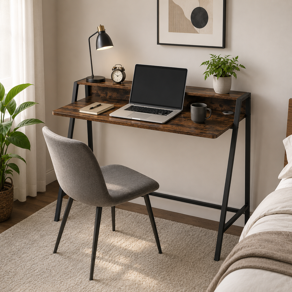 Writing Desk 2-Tier with Rear Shelf – Engineered Wood & Metal, Rustic Brown, 100 × 45 × 85 cm