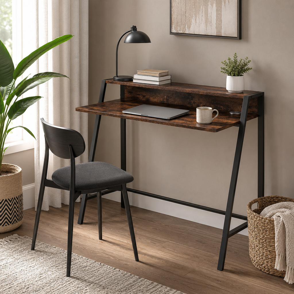 Writing Desk 2-Tier with Rear Shelf – Engineered Wood & Metal, Rustic Brown, 100 × 45 × 85 cm