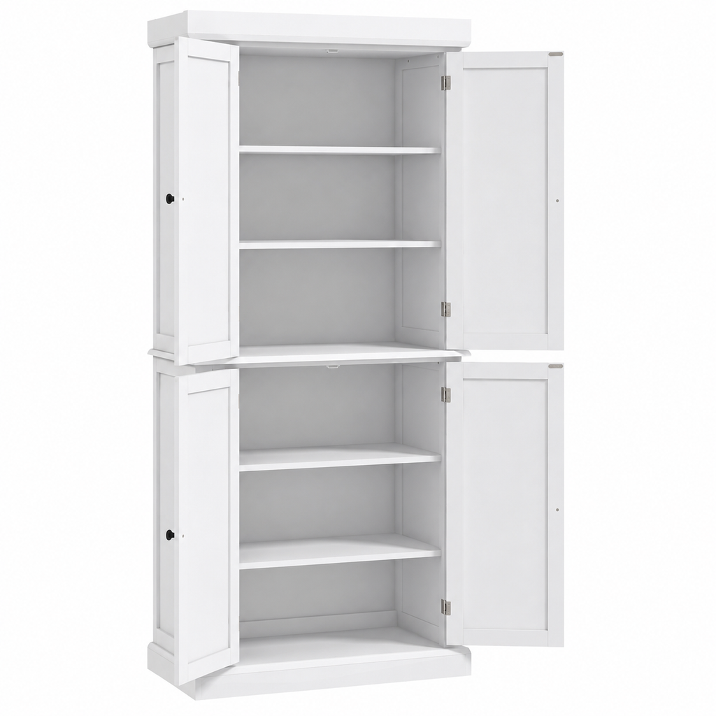 Kitchen Pantry Cupboard 4-Door Wide Tall – MDF & Particle Board, White, 76 × 40.5 × 184 cm