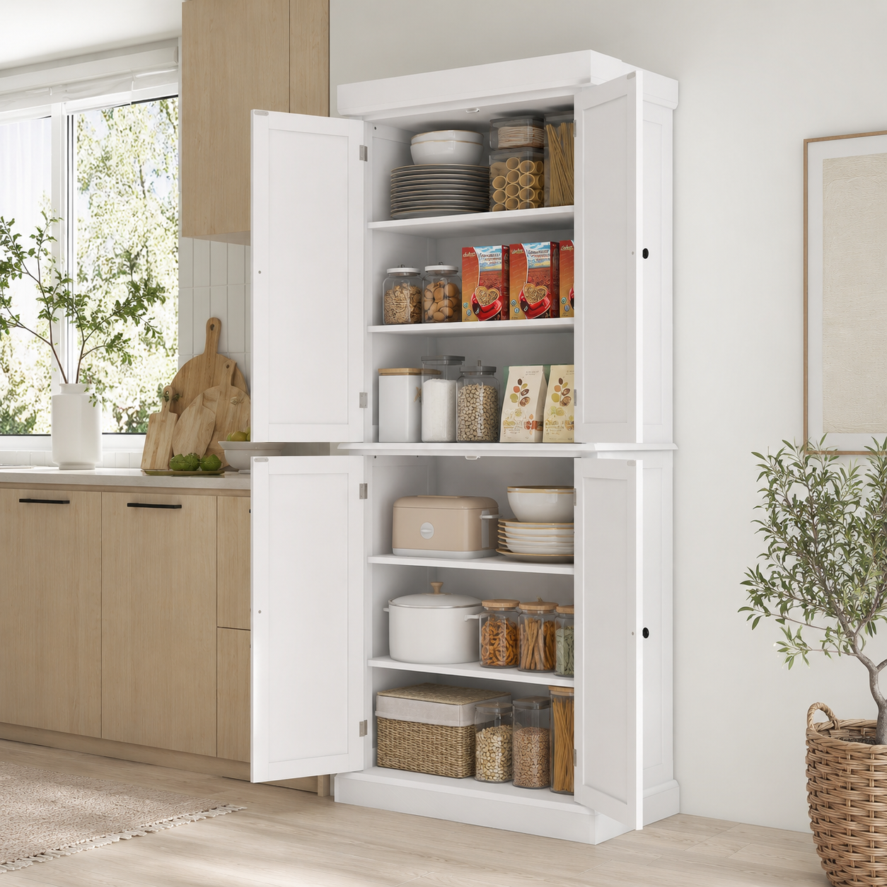 Kitchen Pantry Cupboard 4-Door Wide Tall – MDF & Particle Board, White, 76 × 40.5 × 184 cm
