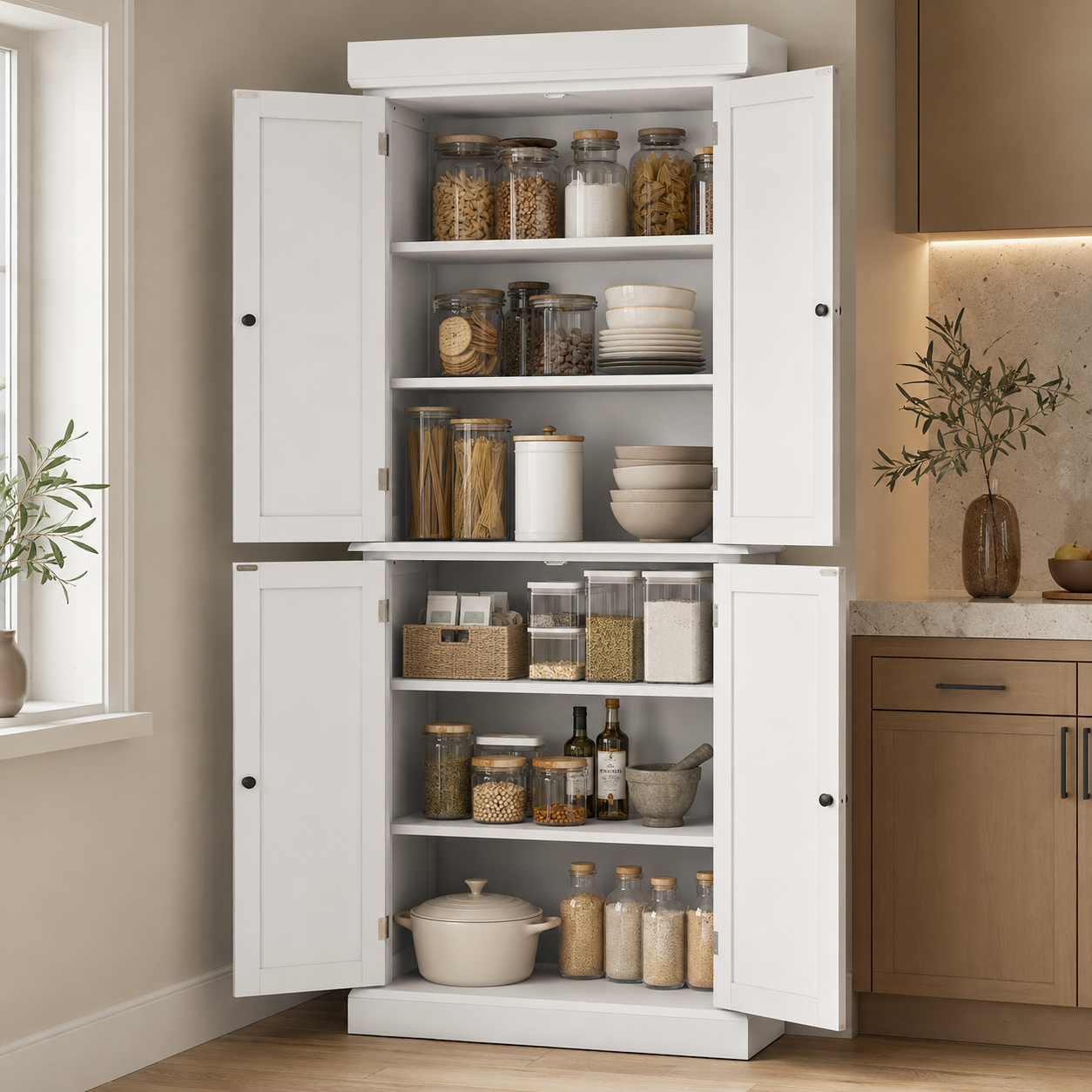 Kitchen Pantry Cupboard 4-Door Wide Tall – MDF & Particle Board, White, 76 × 40.5 × 184 cm
