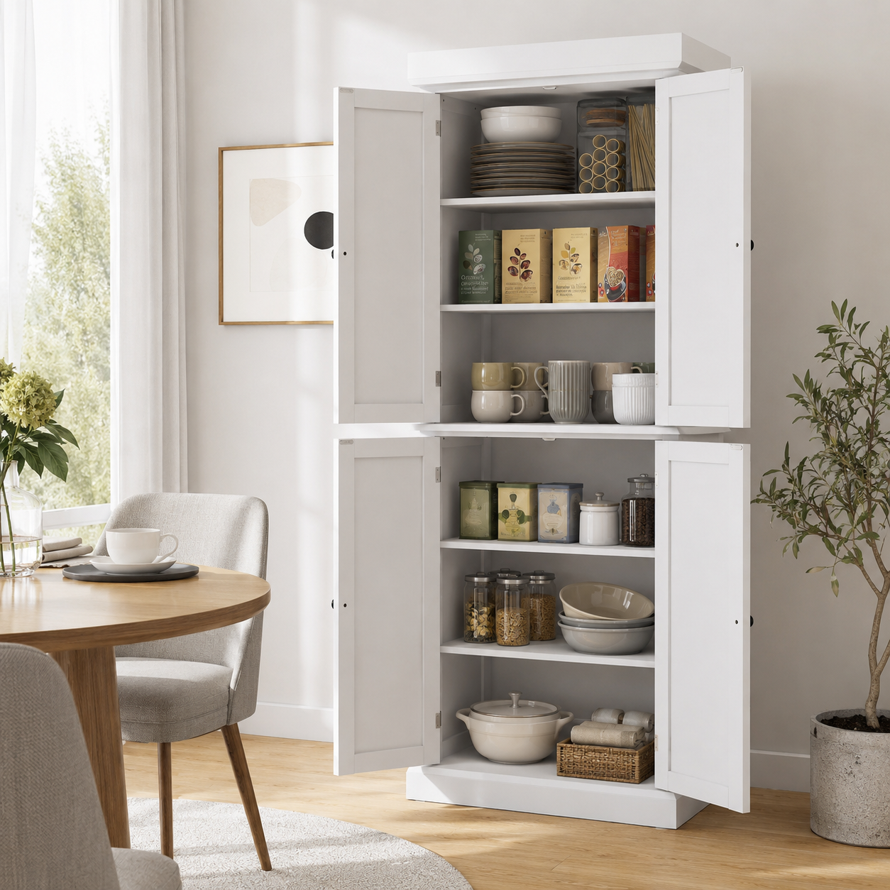 Kitchen Pantry Cupboard 4-Door Wide Tall – MDF & Particle Board, White, 76 × 40.5 × 184 cm
