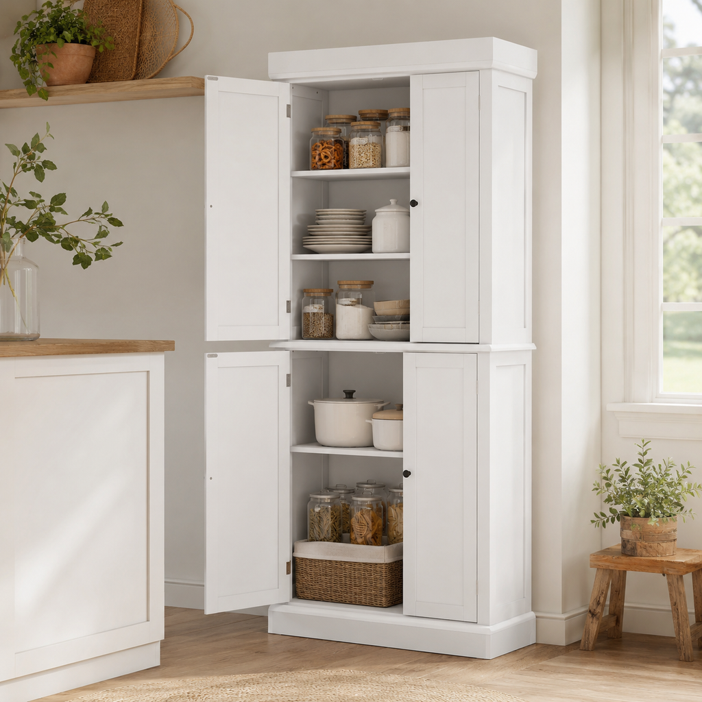 Kitchen Pantry Cupboard 4-Door Wide Tall – MDF & Particle Board, White, 76 × 40.5 × 184 cm
