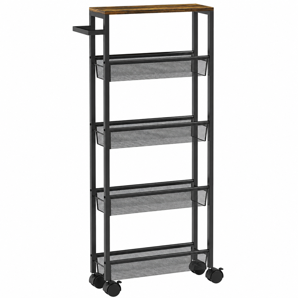 Slim Storage Trolley 5-Tier Mesh Baskets – Metal & Particle Board, Black, 47 × 13 × 96.5 cm
