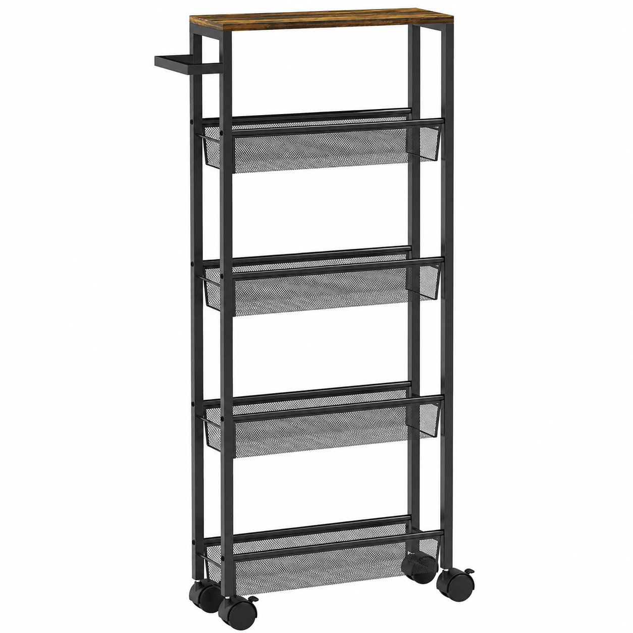 Slim Storage Trolley 5-Tier Mesh Baskets – Metal & Particle Board, Black, 47 × 13 × 96.5 cm