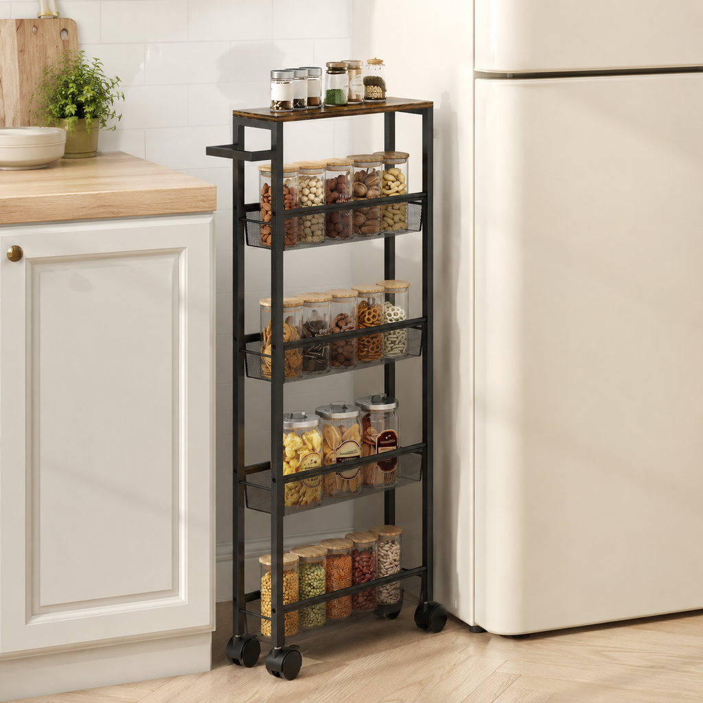 Slim Storage Trolley 5-Tier Mesh Baskets – Metal & Particle Board, Black, 47 × 13 × 96.5 cm