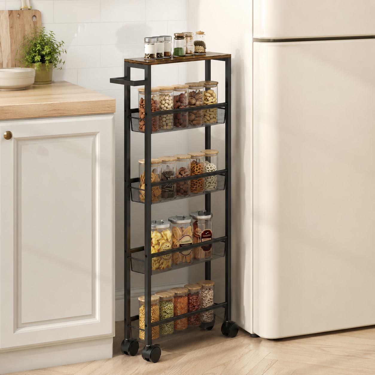 Slim Storage Trolley 5-Tier Mesh Baskets – Metal & Particle Board, Black, 47 × 13 × 96.5 cm
