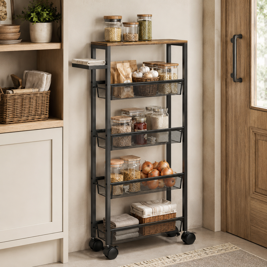 Slim Storage Trolley 5-Tier Mesh Baskets – Metal & Particle Board, Black, 47 × 13 × 96.5 cm