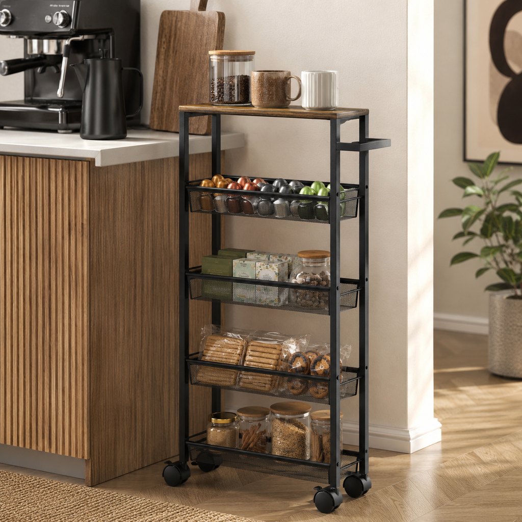 Slim Storage Trolley 5-Tier Mesh Baskets – Metal & Particle Board, Black, 47 × 13 × 96.5 cm