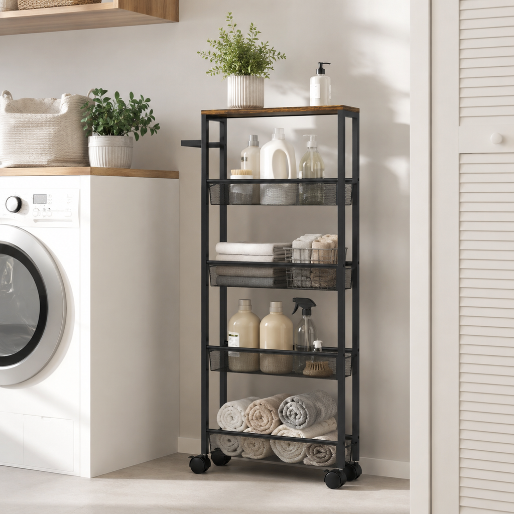 Slim Storage Trolley 5-Tier Mesh Baskets – Metal & Particle Board, Black, 47 × 13 × 96.5 cm