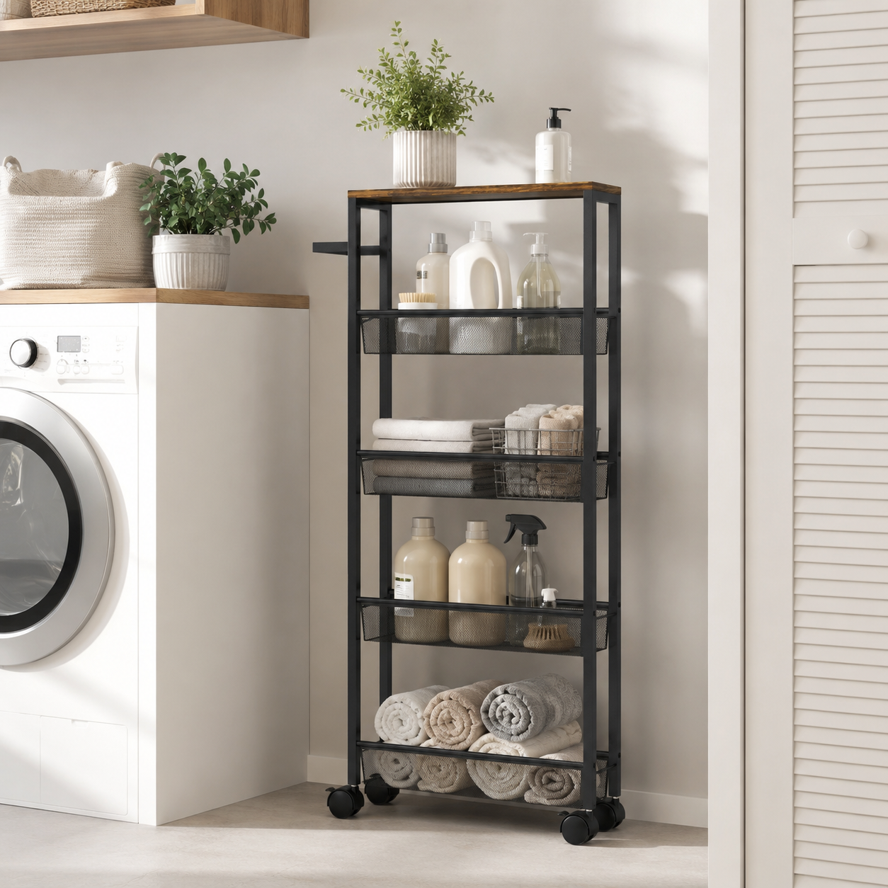 Slim Storage Trolley 5-Tier Mesh Baskets – Metal & Particle Board, Black, 47 × 13 × 96.5 cm