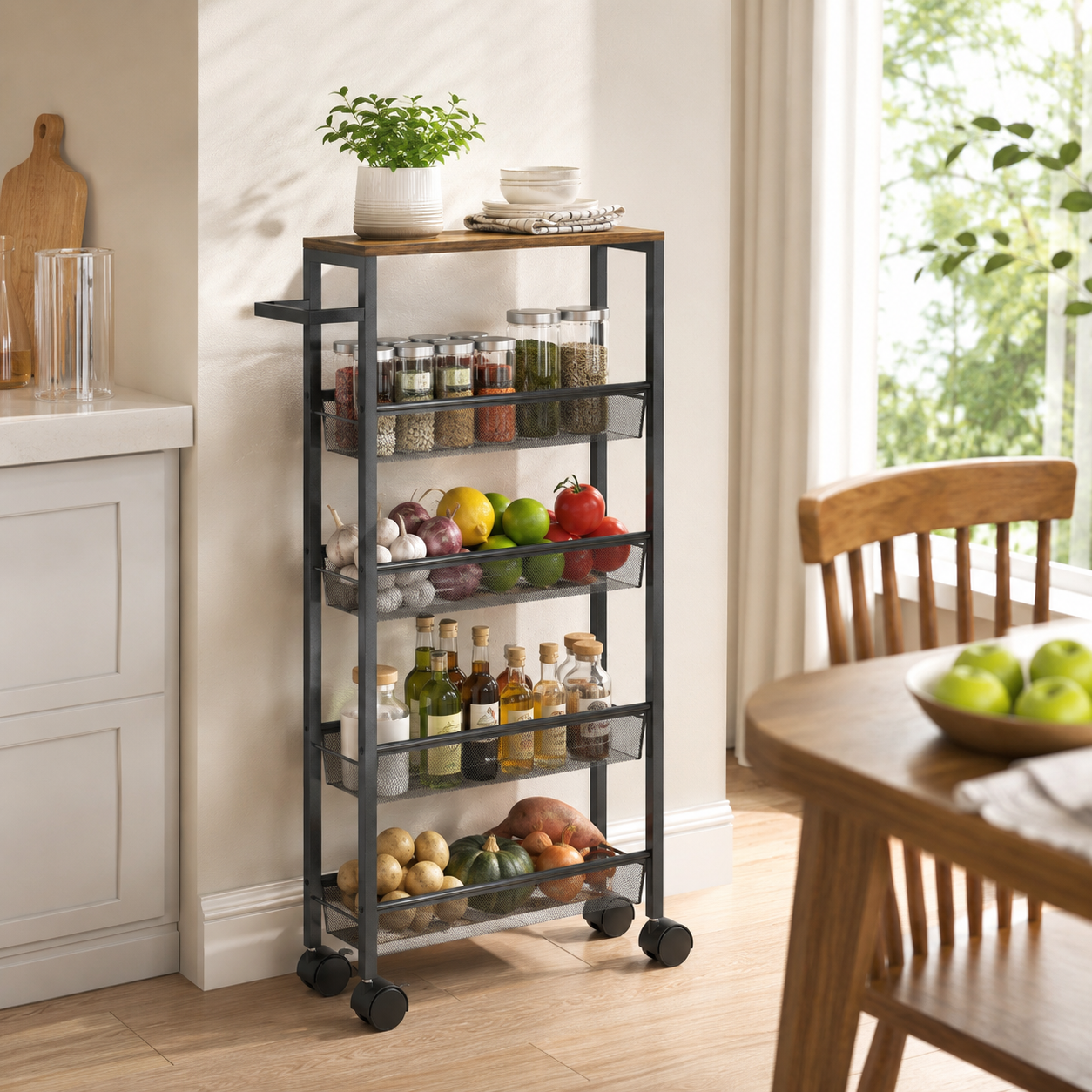 Slim Storage Trolley 5-Tier Mesh Baskets – Metal & Particle Board, Black, 47 × 13 × 96.5 cm