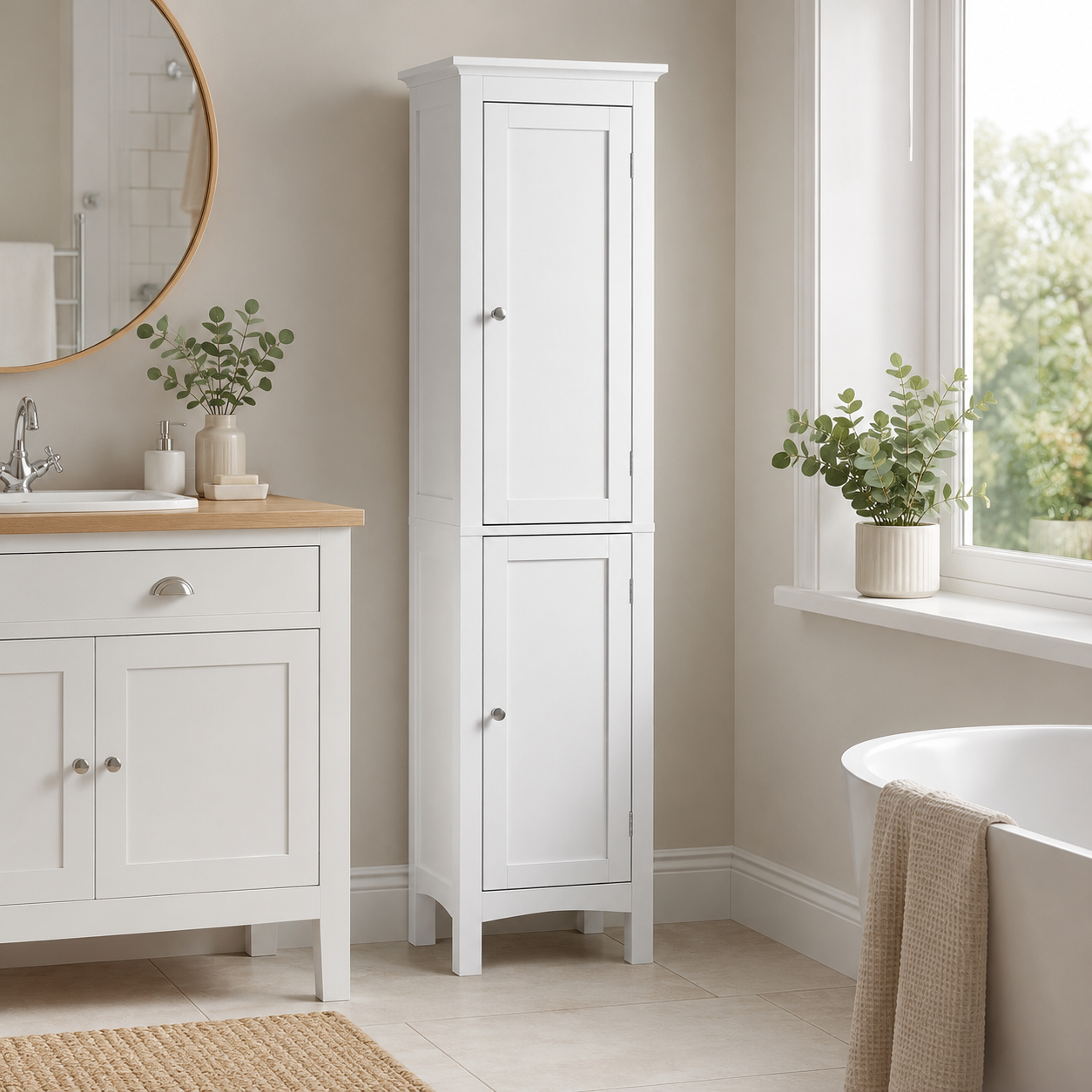 Bathroom Cabinet – Tall Slim, Double Door, Adjustable Shelves, White