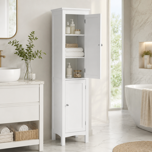 Bathroom Cabinet – Tall Slim, Double Door, Adjustable Shelves, White