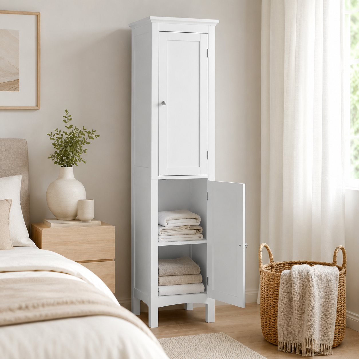 Bathroom Cabinet – Tall Slim, Double Door, Adjustable Shelves, White