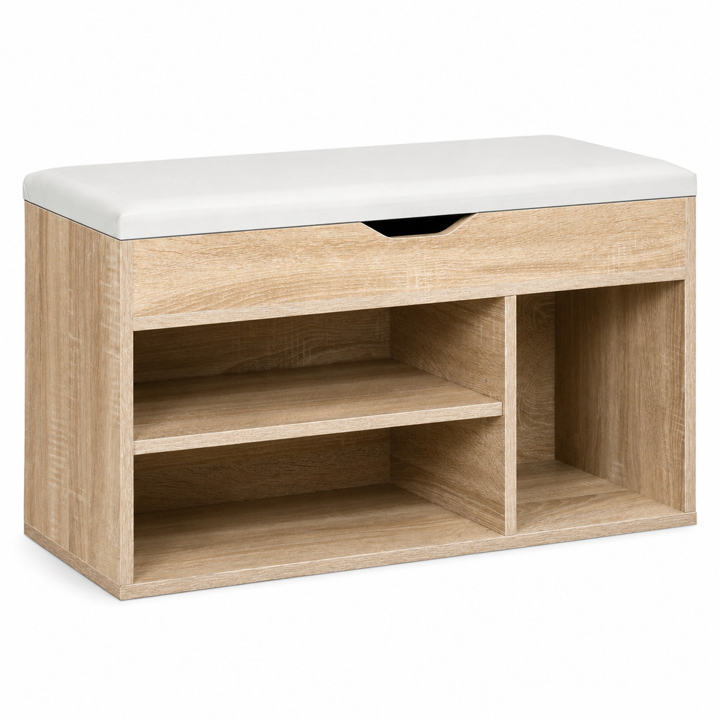 Shoe Cabinet Bench – Hidden Storage, Padded Seat, Engineered Wood, Oak-Effect