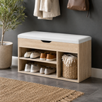Shoe Cabinet Bench – Hidden Storage, Padded Seat, Engineered Wood, Oak-Effect