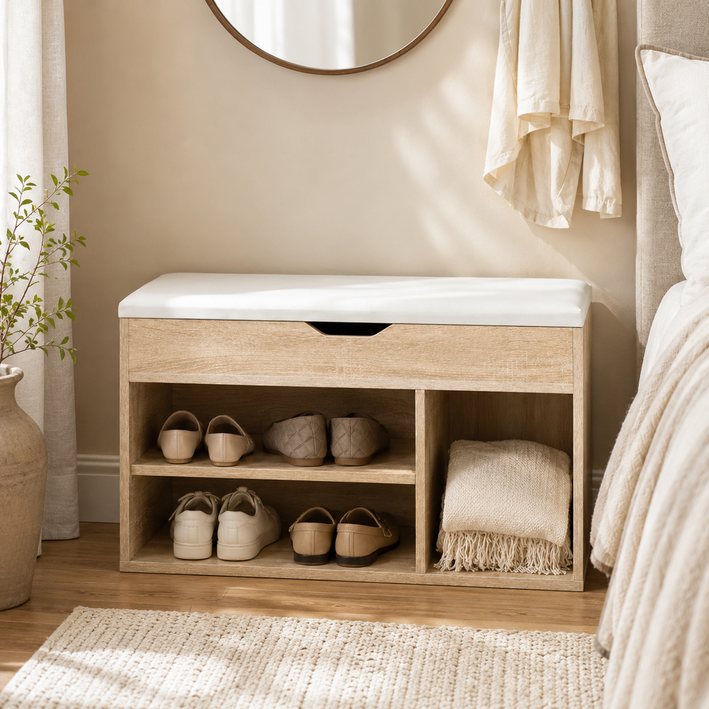 Shoe Cabinet Bench – Hidden Storage, Padded Seat, Engineered Wood, Oak-Effect