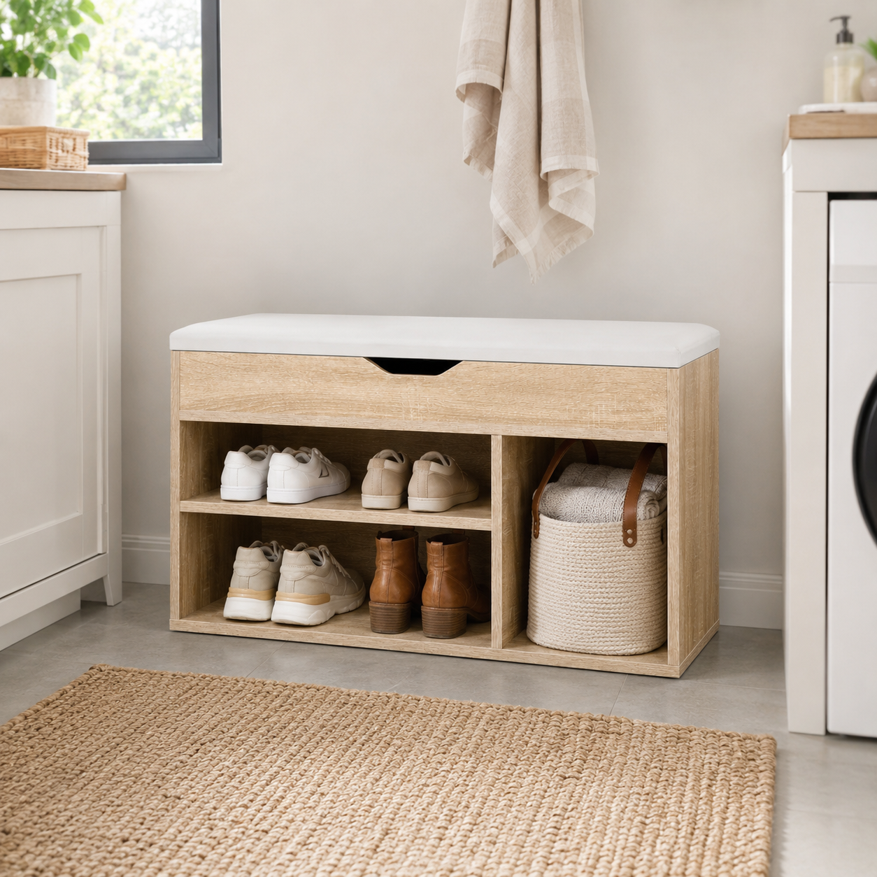 Shoe Cabinet Bench – Hidden Storage, Padded Seat, Engineered Wood, Oak-Effect