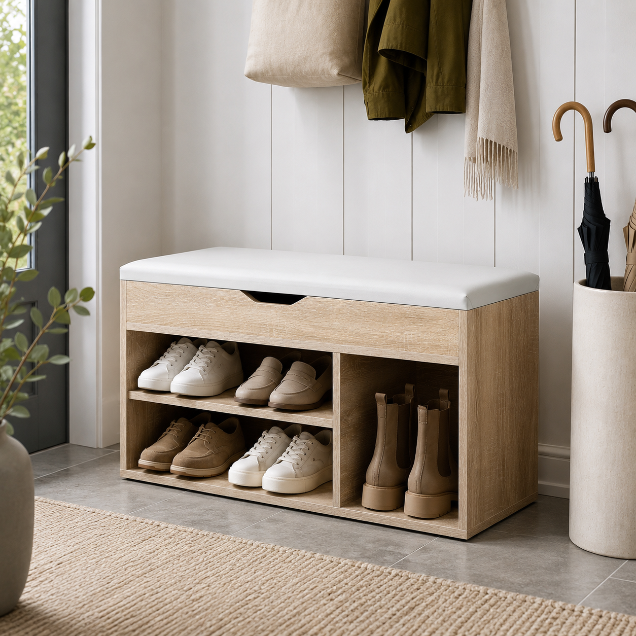 Shoe Cabinet Bench – Hidden Storage, Padded Seat, Engineered Wood, Oak-Effect