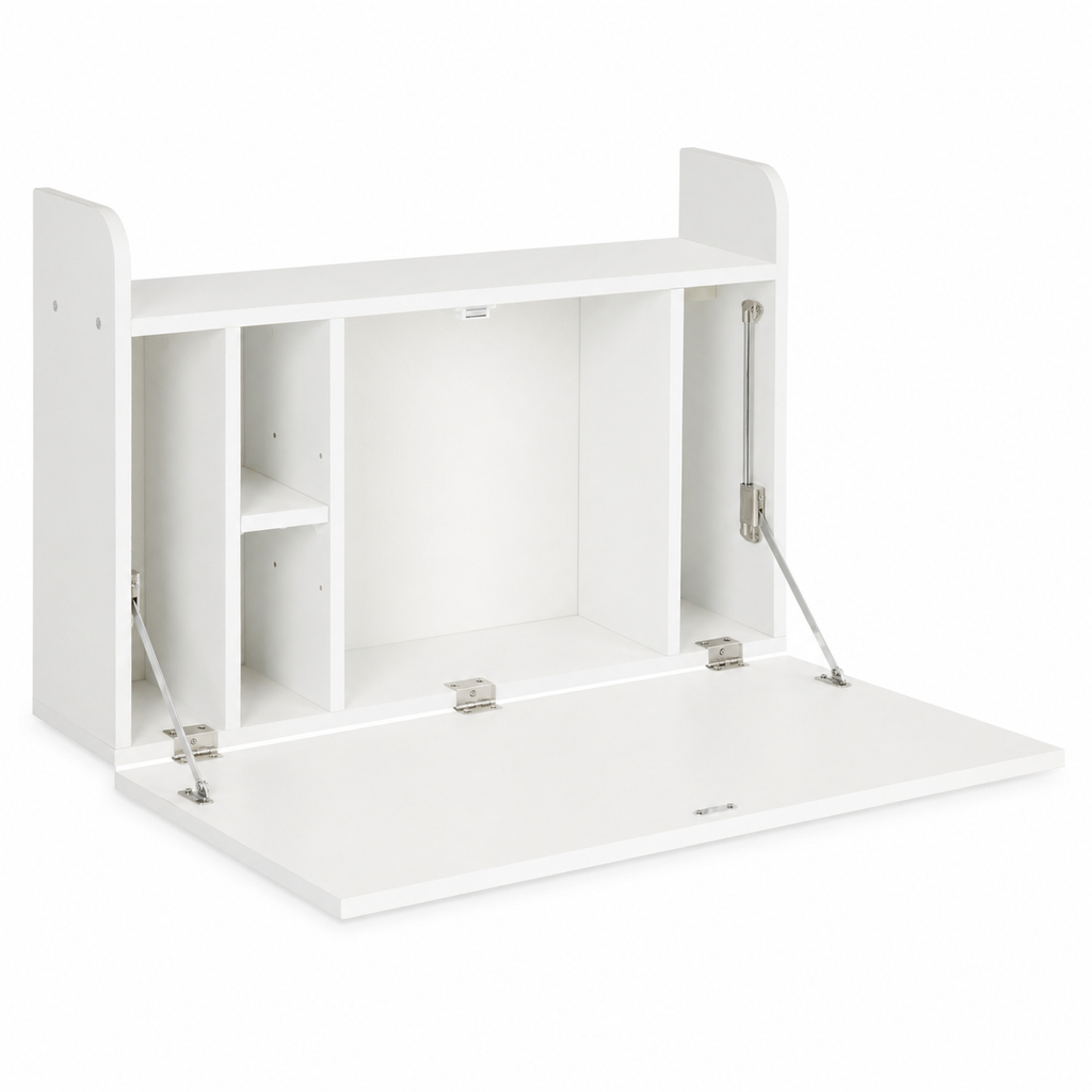 Wall-Mounted Desk – Drop-Leaf Floating, Storage Compartments, 77×20×51cm, White