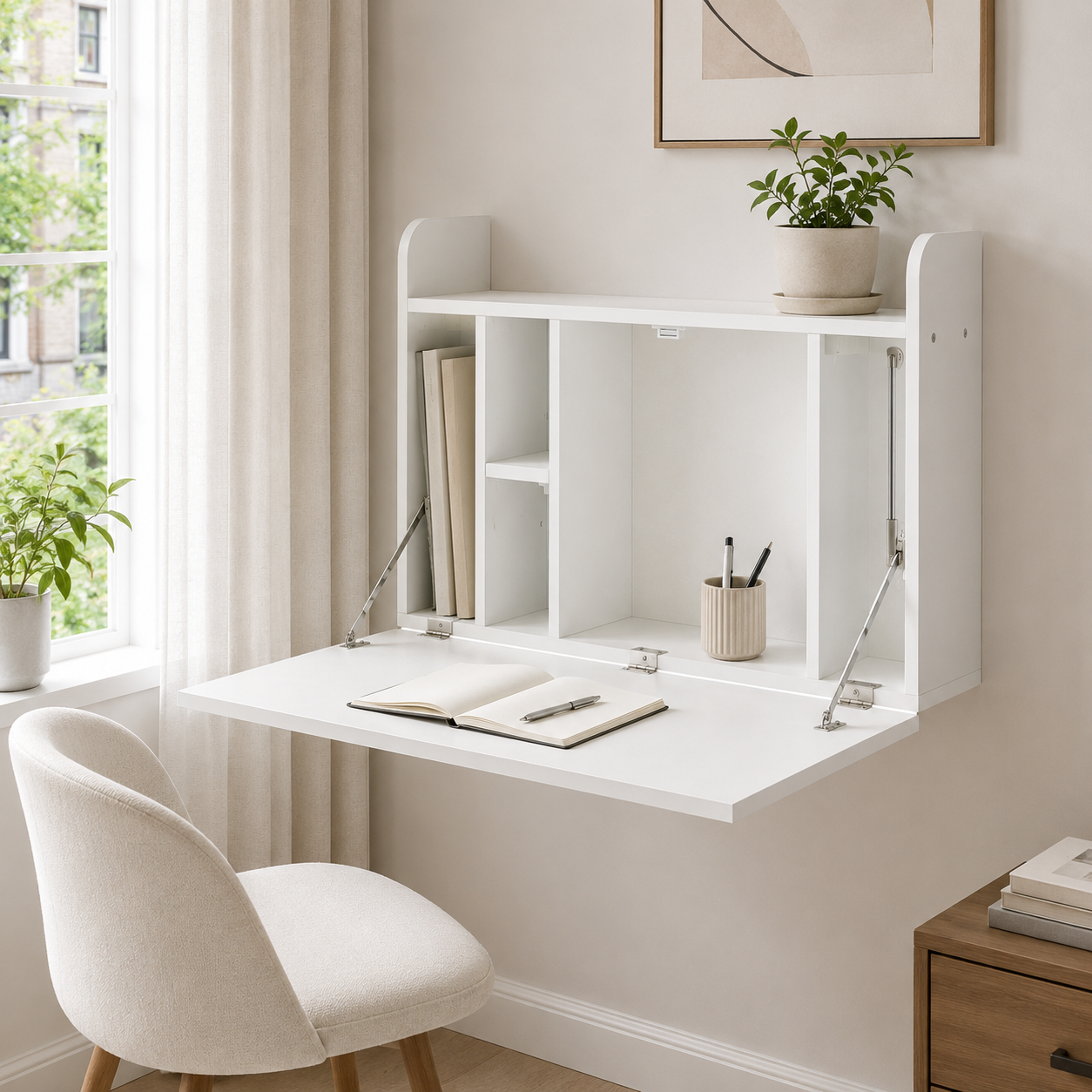 Wall-Mounted Desk – Drop-Leaf Floating, Storage Compartments, 77×20×51cm, White