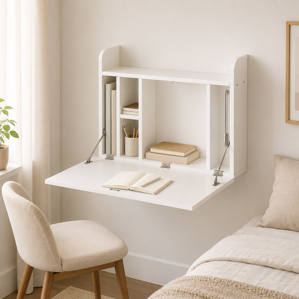 Wall-Mounted Desk – Drop-Leaf Floating, Storage Compartments, 77×20×51cm, White