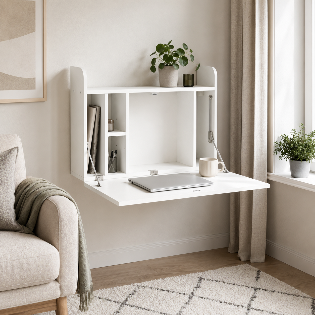 Wall-Mounted Desk – Drop-Leaf Floating, Storage Compartments, 77×20×51cm, White