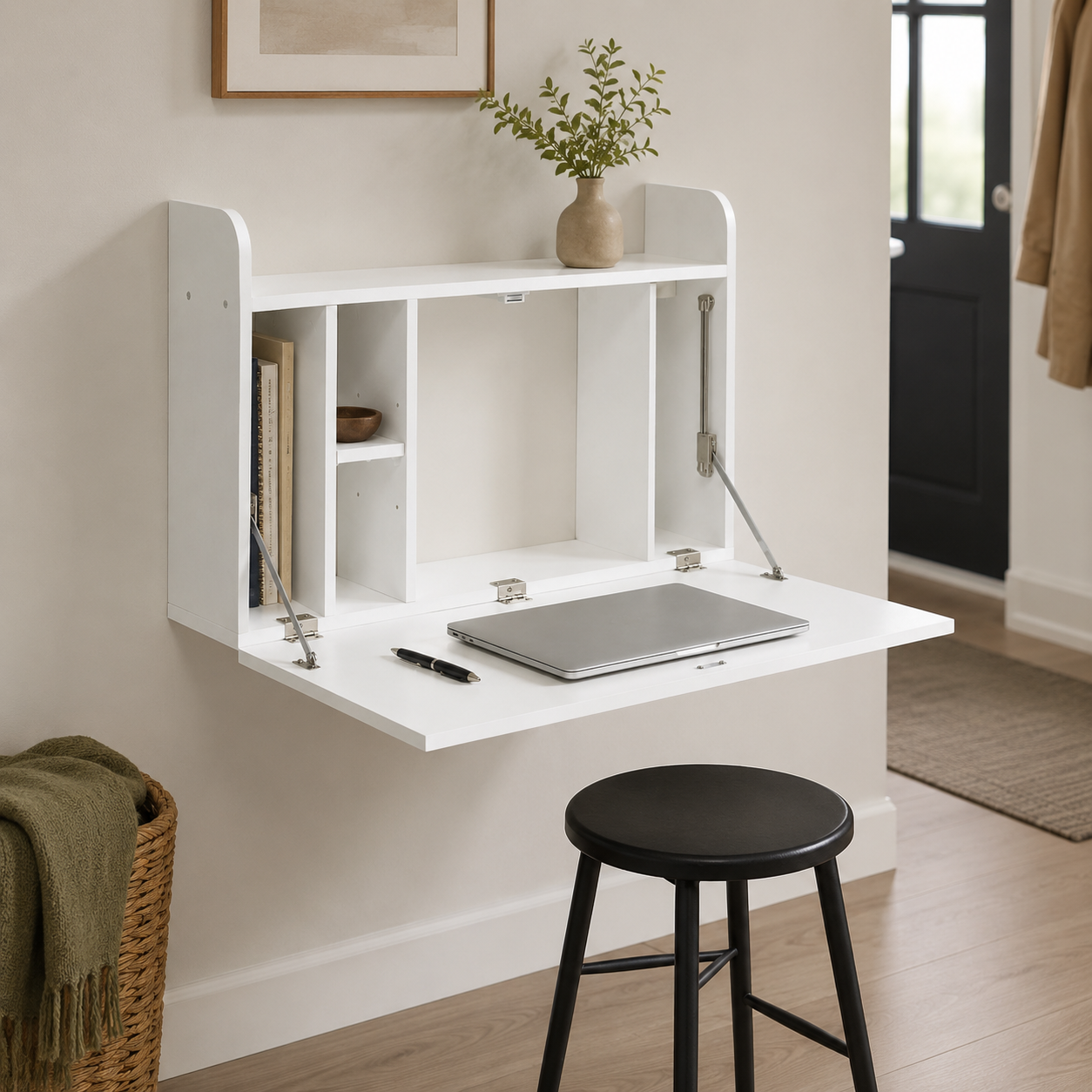 Wall-Mounted Desk – Drop-Leaf Floating, Storage Compartments, 77×20×51cm, White