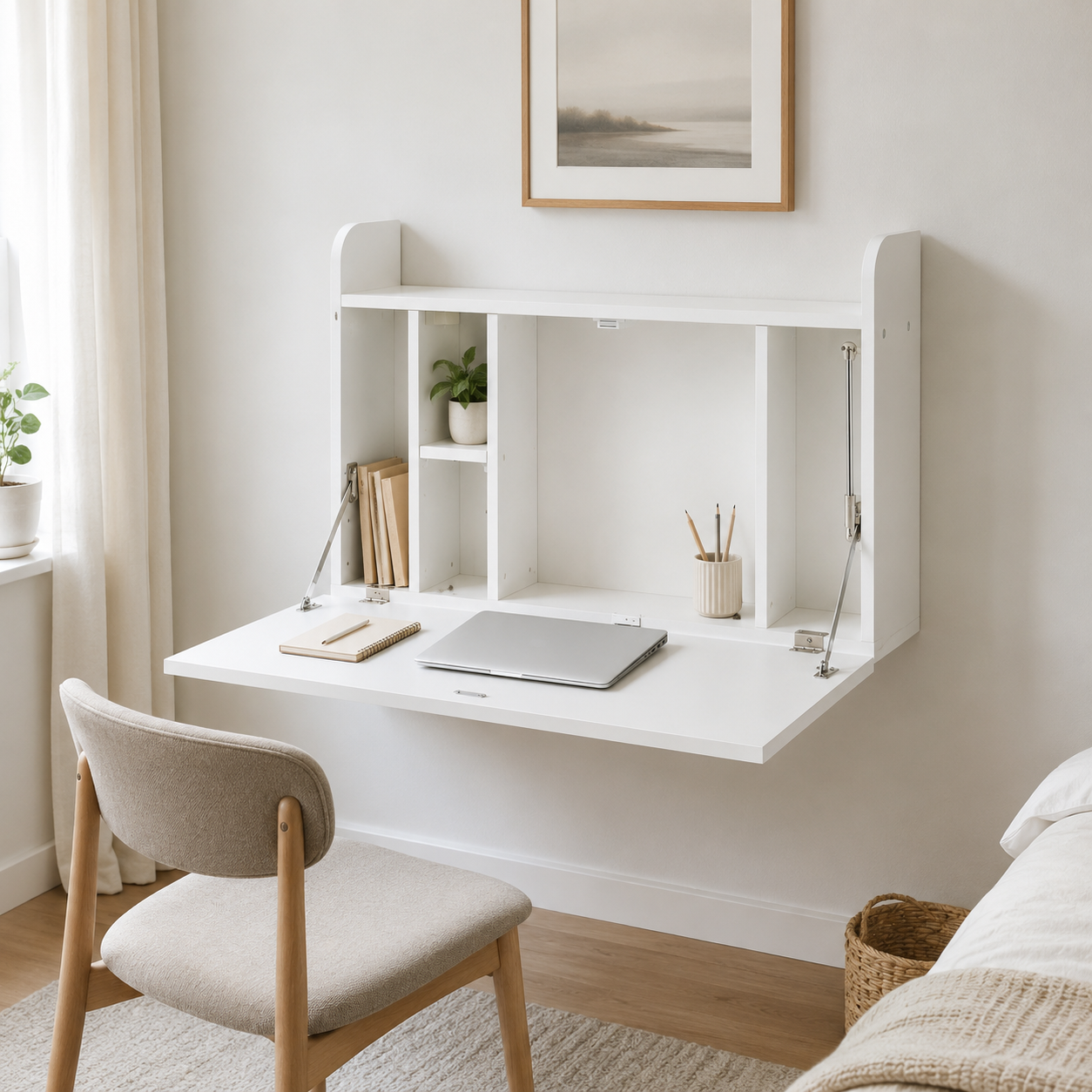 Wall-Mounted Desk – Drop-Leaf Floating, Storage Compartments, 77×20×51cm, White