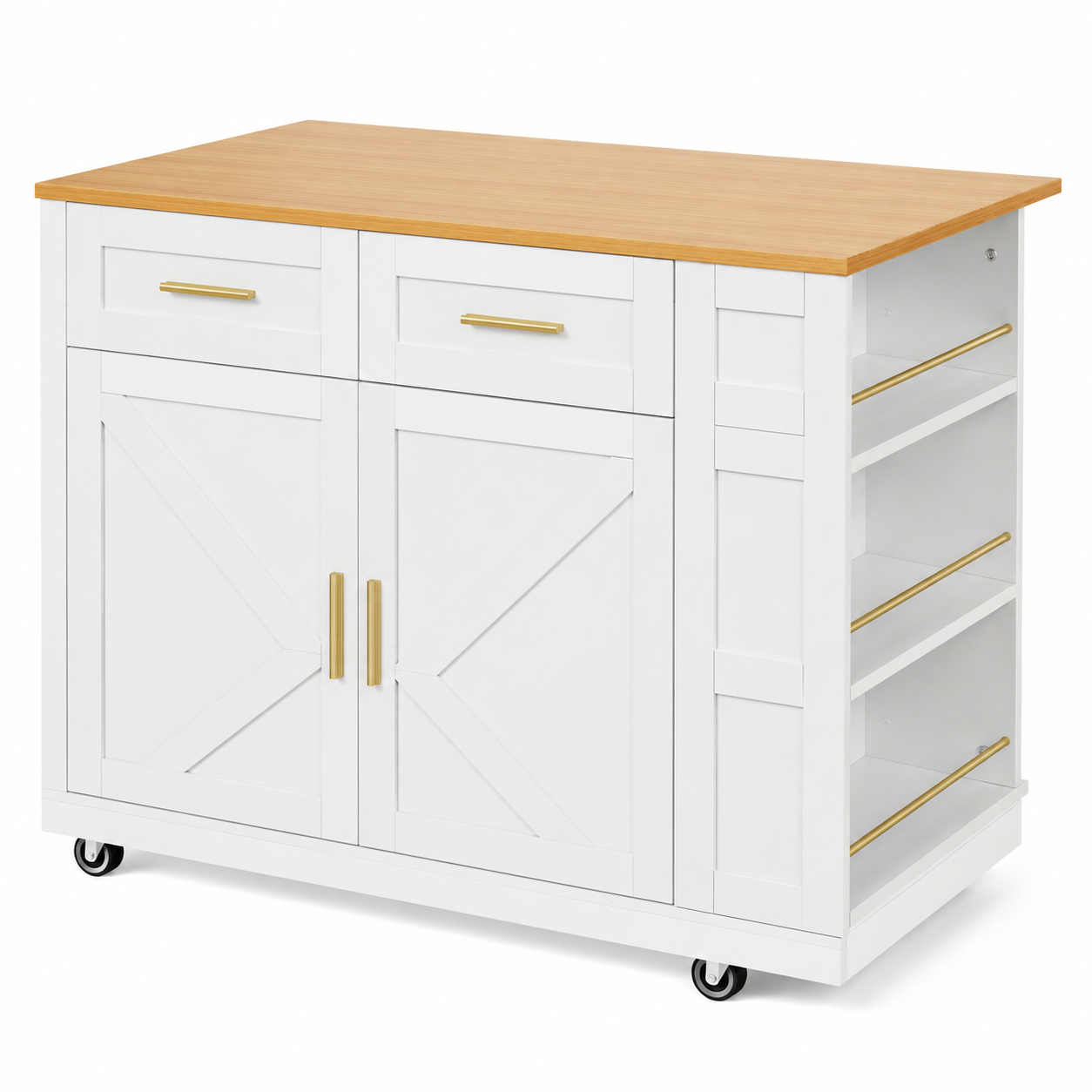 Kitchen Island – On Wheels, 2 Drawers, Double-Sided Storage, Foldable Worktop, White