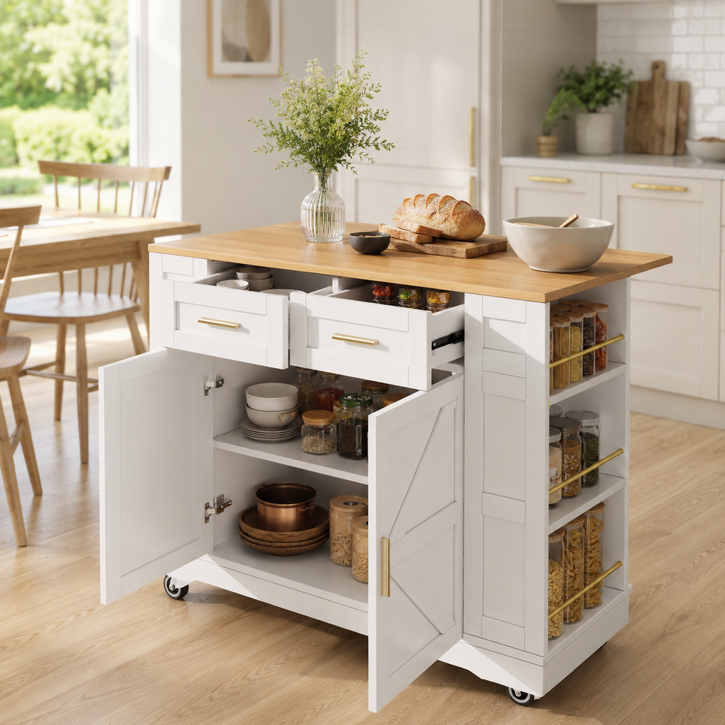 Kitchen Island – On Wheels, 2 Drawers, Double-Sided Storage, Foldable Worktop, White