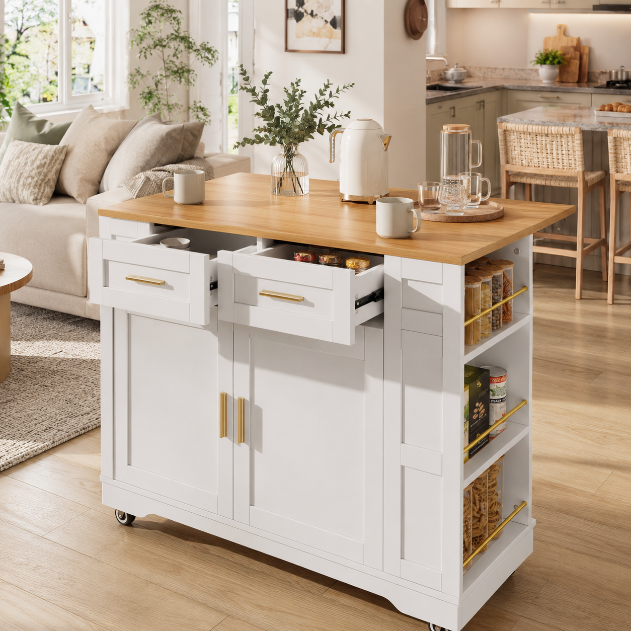 Kitchen Island – On Wheels, 2 Drawers, Double-Sided Storage, Foldable Worktop, White