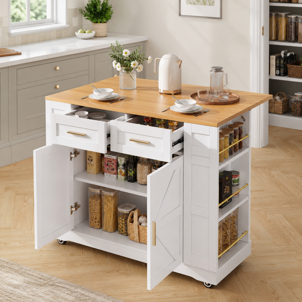 Kitchen Island – On Wheels, 2 Drawers, Double-Sided Storage, Foldable Worktop, White