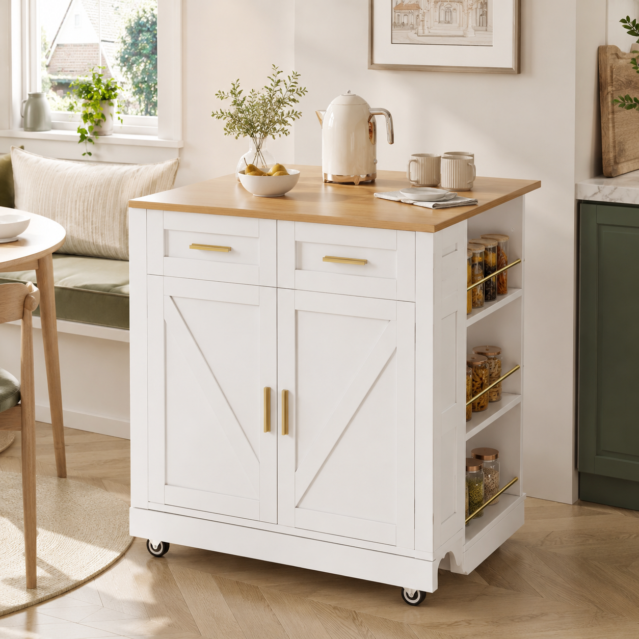 Kitchen Island – On Wheels, 2 Drawers, Double-Sided Storage, Foldable Worktop, White
