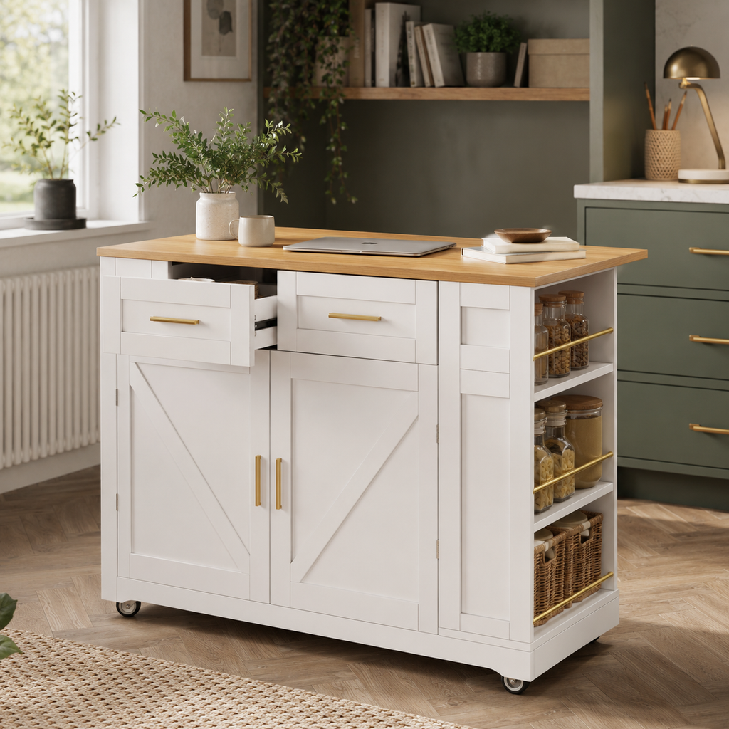 Kitchen Island – On Wheels, 2 Drawers, Double-Sided Storage, Foldable Worktop, White
