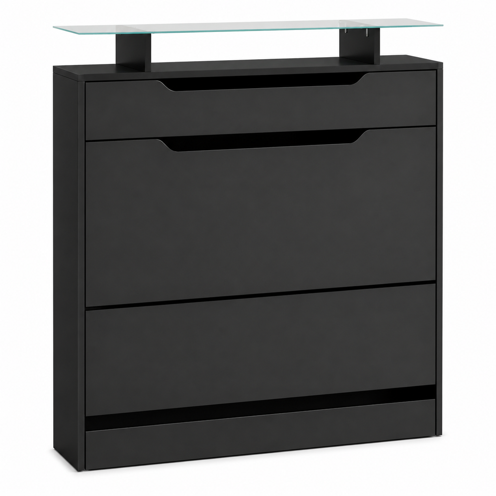 Shoe Storage Cabinet – Slide-Out Drawer, 2 Flip Doors, Tempered Glass Top, Black