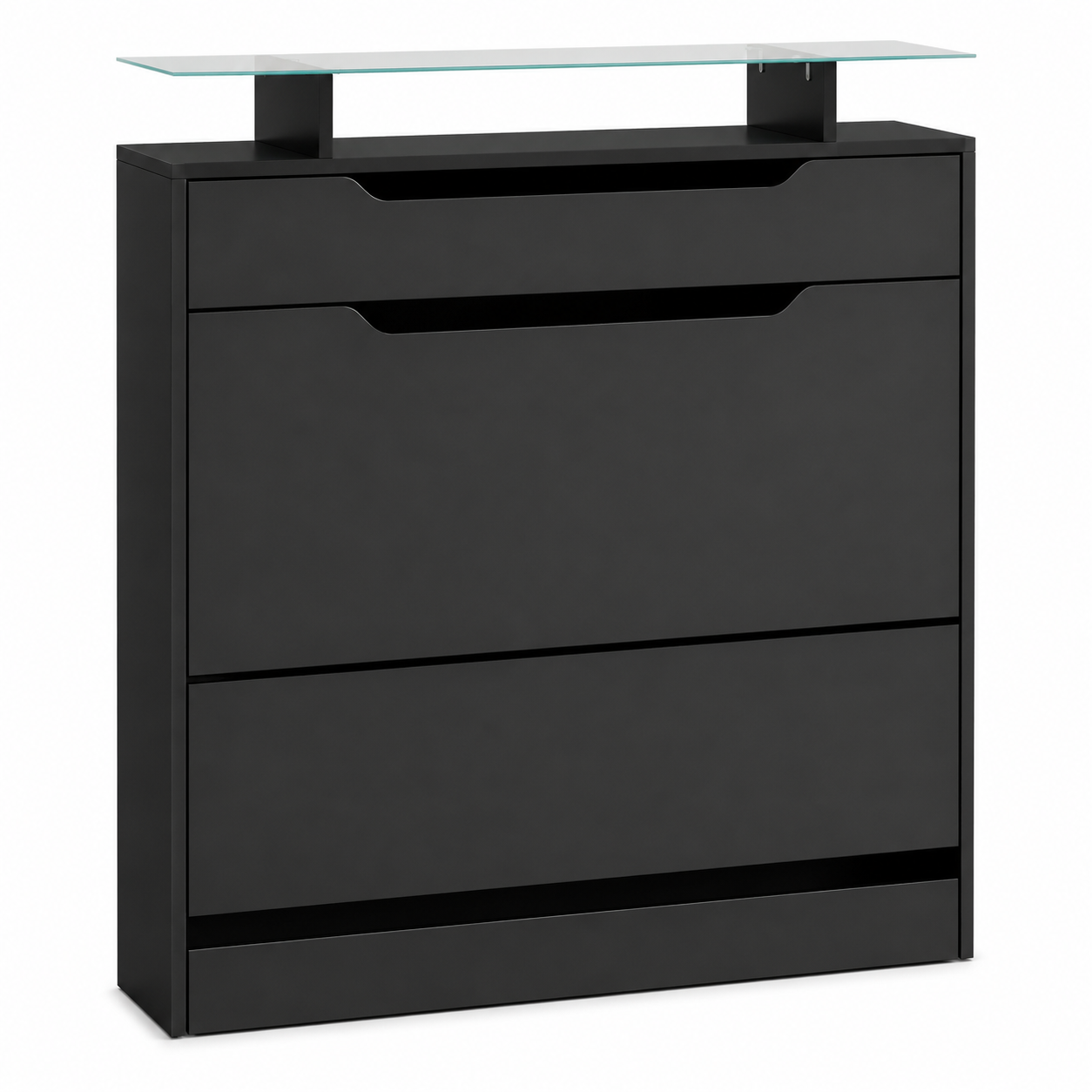 Shoe Storage Cabinet – Slide-Out Drawer, 2 Flip Doors, Tempered Glass Top, Black