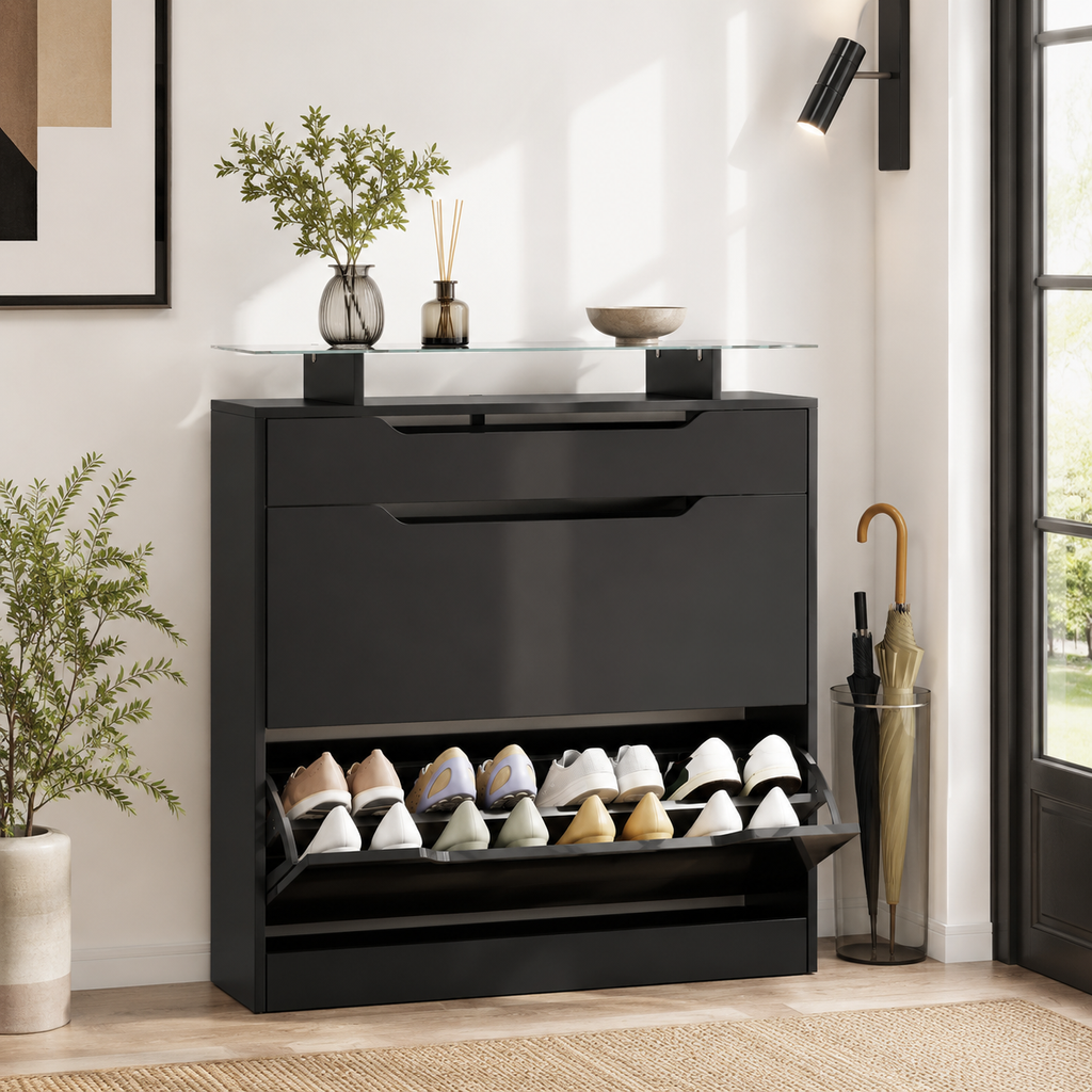 Shoe Storage Cabinet – Slide-Out Drawer, 2 Flip Doors, Tempered Glass Top, Black
