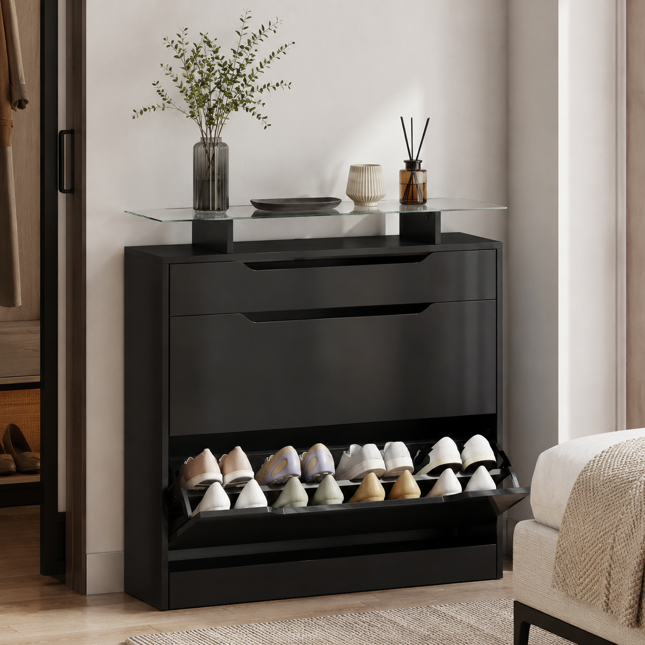 Shoe Storage Cabinet – Slide-Out Drawer, 2 Flip Doors, Tempered Glass Top, Black