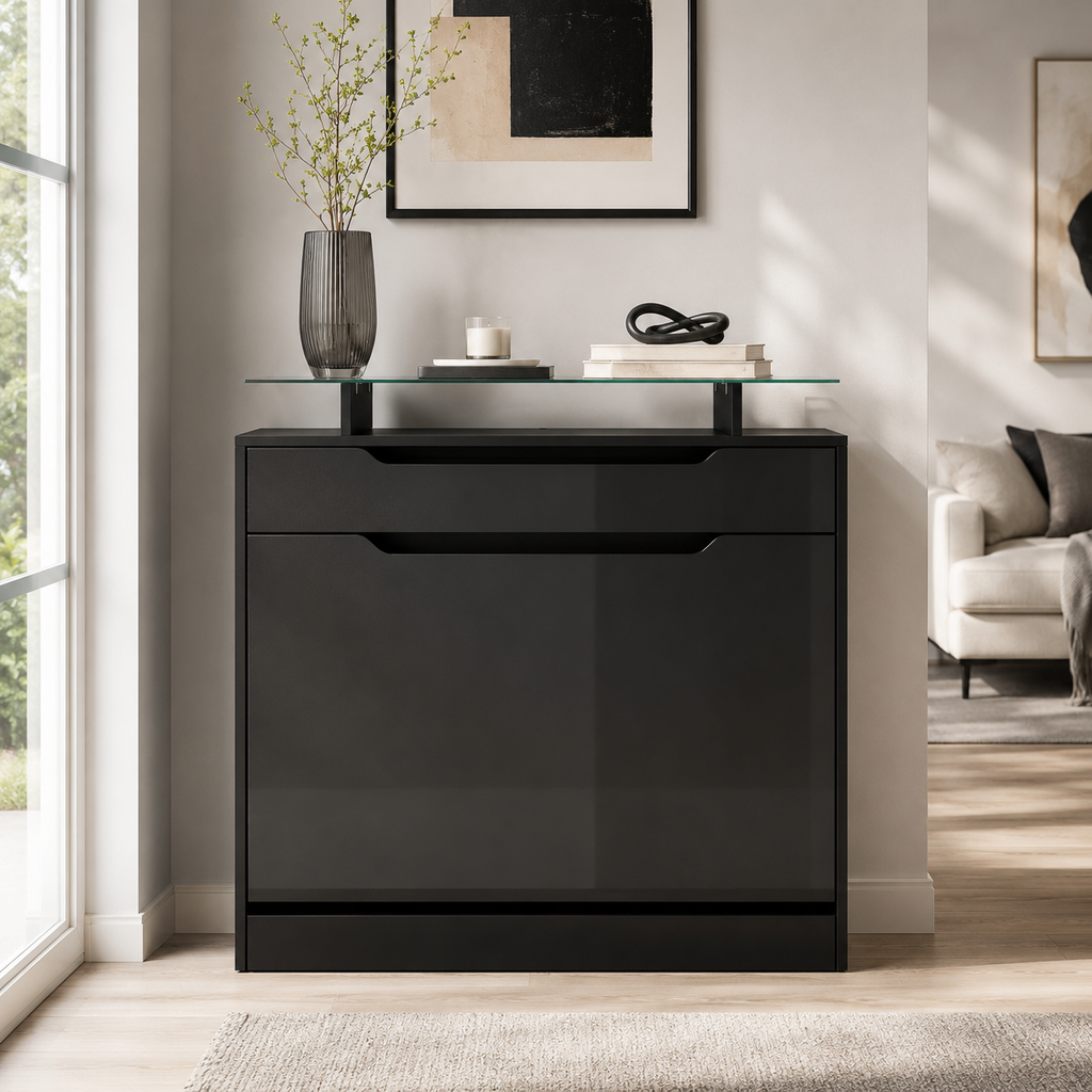 Shoe Storage Cabinet – Slide-Out Drawer, 2 Flip Doors, Tempered Glass Top, Black
