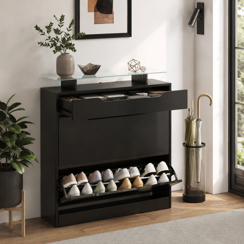 Shoe Storage Cabinet – Slide-Out Drawer, 2 Flip Doors, Tempered Glass Top, Black
